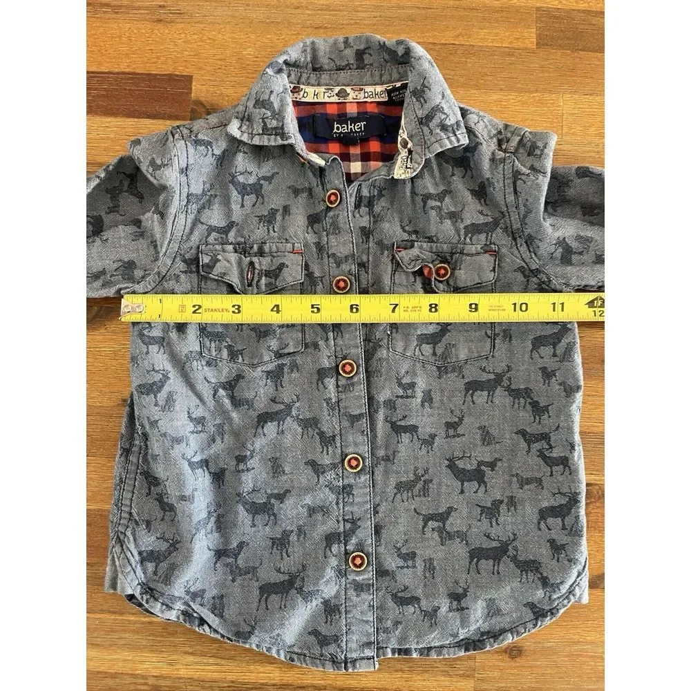 Ted Baker Baby Boys 2T Blue Denim Button‎ Up Shirt Dressy Woodland Deer Dogs